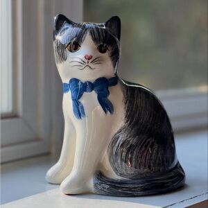 Vintage Hand-Painted Cat Figurine with Blue Bow - 7” Tall